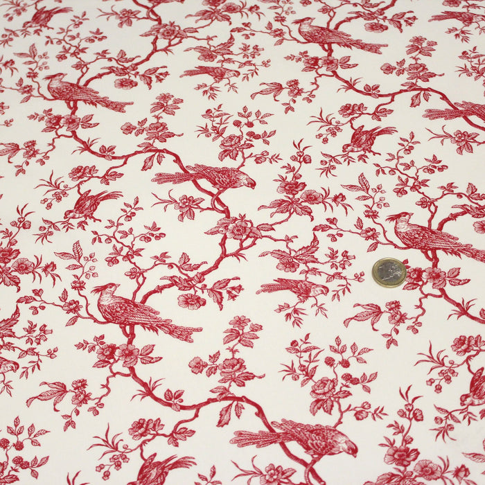 Tissu de coton toile de Jouy aux oiseaux mésanges, toile à drap grande largeur 280cm, fond écru & motif rouge - Oeko-Tex