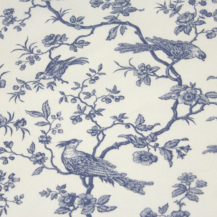 Tissu de coton toile de Jouy aux oiseaux mésanges, toile à drap grande largeur 280cm, fond écru & motif bleu - Oeko-Tex