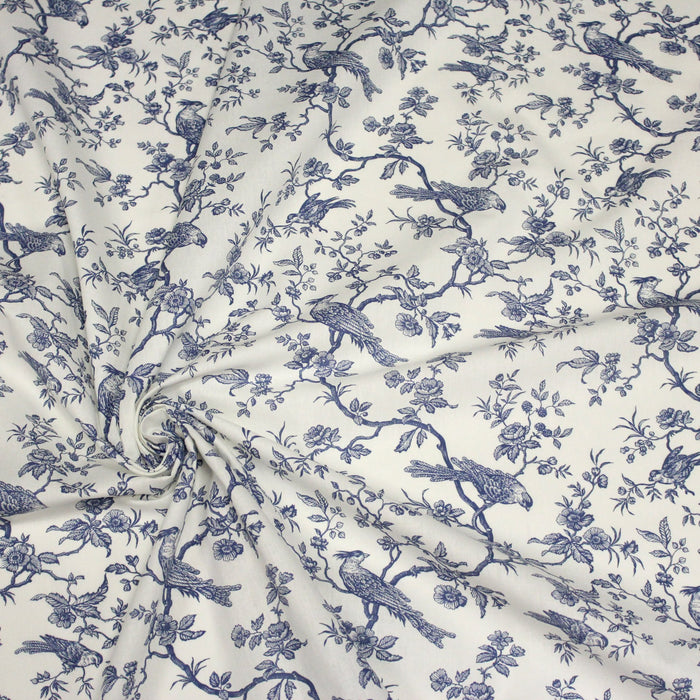 Tissu de coton toile de Jouy aux oiseaux mésanges, toile à drap grande largeur 280cm, fond écru & motif bleu - Oeko-Tex - tissuspapi