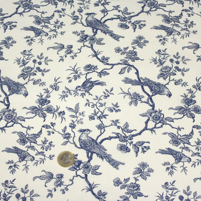 Tissu coton renforcé TOILE DE JOUY AUX MESANGES grande largeur 280cm : bleu, rouge, vert, gris - OEKO - TEX - TissusPapi.com