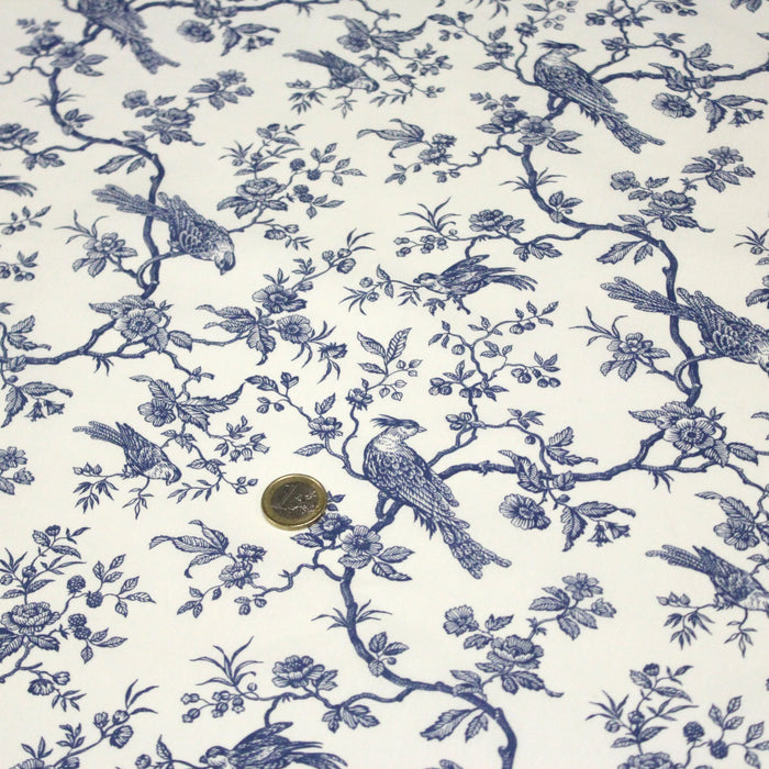 Tissu de coton toile de Jouy aux oiseaux mésanges, toile à drap grande largeur 280cm, fond écru & motif bleu - Oeko-Tex - tissuspapi