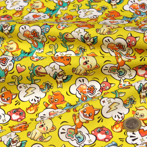 Tissu cotonnade KAWAII aux animaux souriants, fond jaune - OEKO - TEX - TissusPapi.com