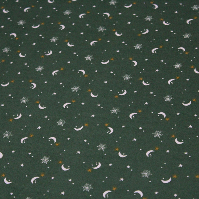 Tissu de coton COLLECTION NOËL lunes et étoiles de neiges, fond vert - Oeko - Tex - TissusPapi.com