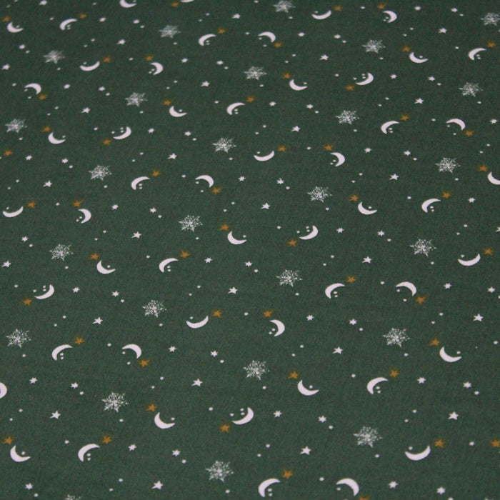 Tissu de coton COLLECTION NOËL lunes et étoiles de neiges, fond vert - Oeko-Tex - tissuspapi