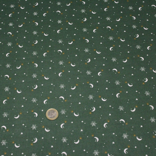 Tissu de coton COLLECTION NOËL lunes et étoiles de neiges, fond vert - Oeko-Tex - tissuspapi
