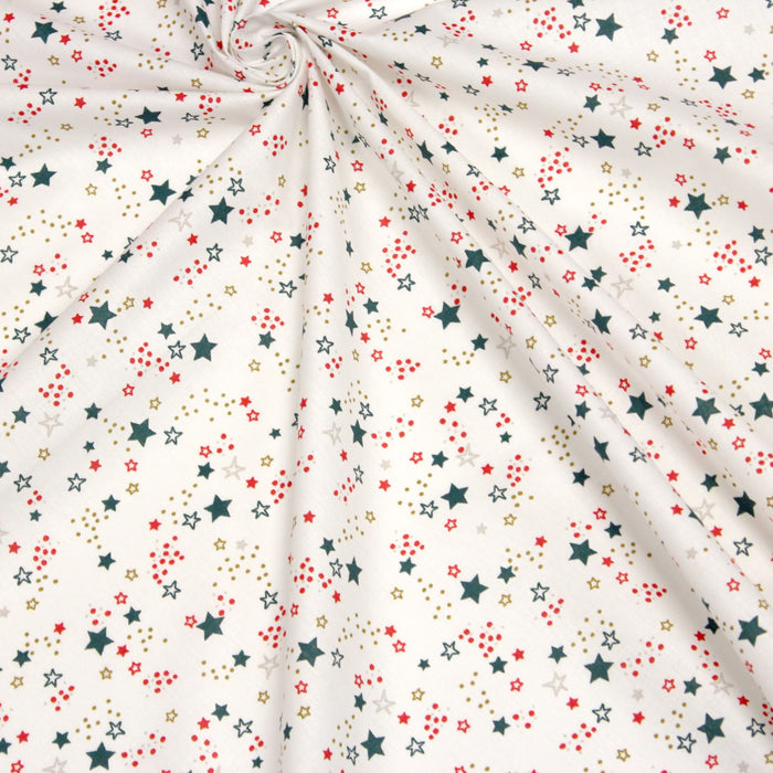 Tissu de coton COLLECTION NOËL étoiles rouges et vertes, fond blanc - Oeko - Tex - TissusPapi.com