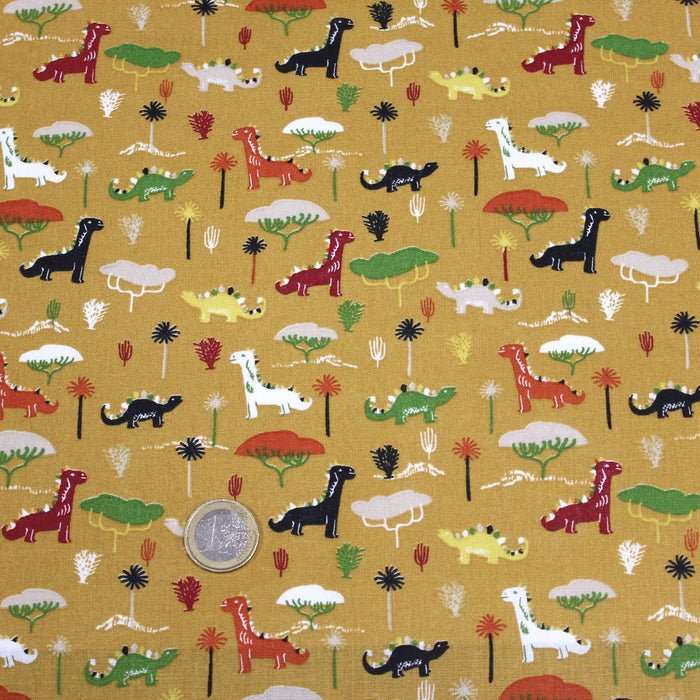 Tissu de coton les dinosaures & les arbres, fond jaune moutarde - Oeko-Tex