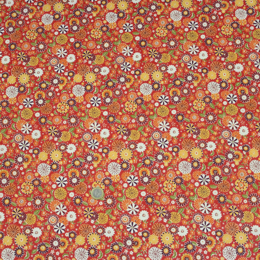 Tissu de coton japonais fleuri rouge aux fleurs jaunes, oranges et bordeaux - Oeko-Tex - tissuspapi