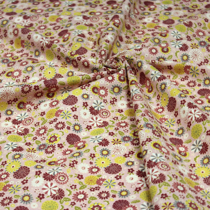 Tissu de coton japonais fleuri rose aux fleurs jaunes, grises et bordeaux - Oeko-Tex - tissuspapi