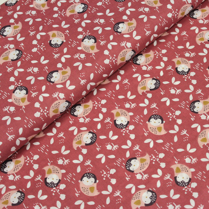 Tissu de coton KAWAII rose byzantin aux chouettes roses & ocres - OEKO-TEX® - tissuspapi