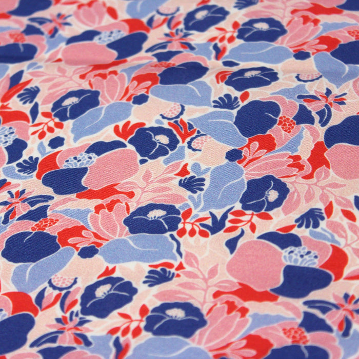 Tissu Microfibre de viscose motif fleuri bleu rose et rouge - tissuspapi