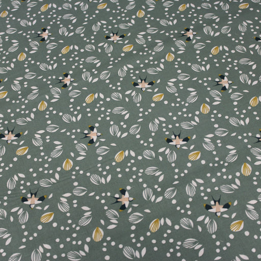 Tissu de coton aux hirondelles & formes géométriques, fond vert de gris - Oeko-Tex - tissuspapi