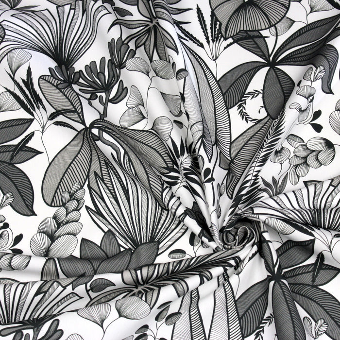 Tissu de coton demi-natté tropical, motif noir & blanc, COLLECTION LOMBOK - OEKO-TEX® - tissuspapi