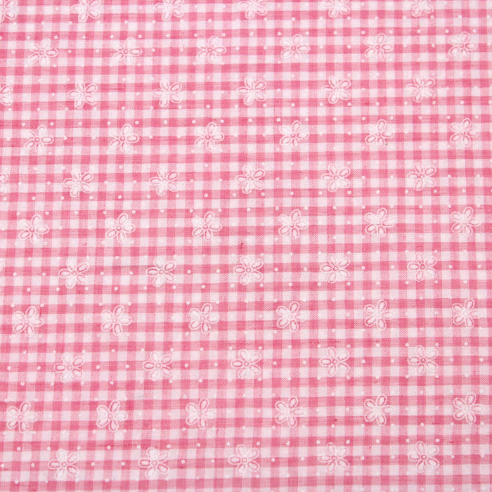 Tissu de coton Seersucker Vichy à carreaux roses et blancs 3mm et fines fleurs blanches - tissuspapi