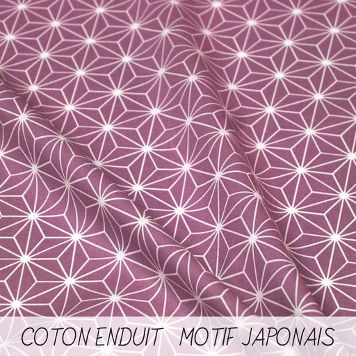 Tissu de coton enduit motif traditionnel japonais des feuilles ASANOHA prune & blanc - Oeko-Tex - tissuspapi