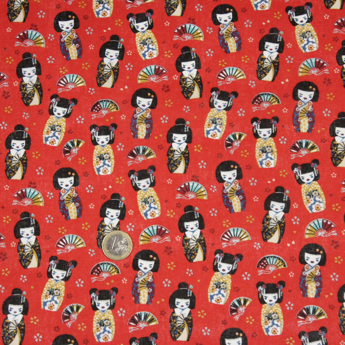 Tissu cotonnade rouge motif traditionnel japonais des geishas, kokeshis & éventails - OEKO - TEX - TissusPapi.com