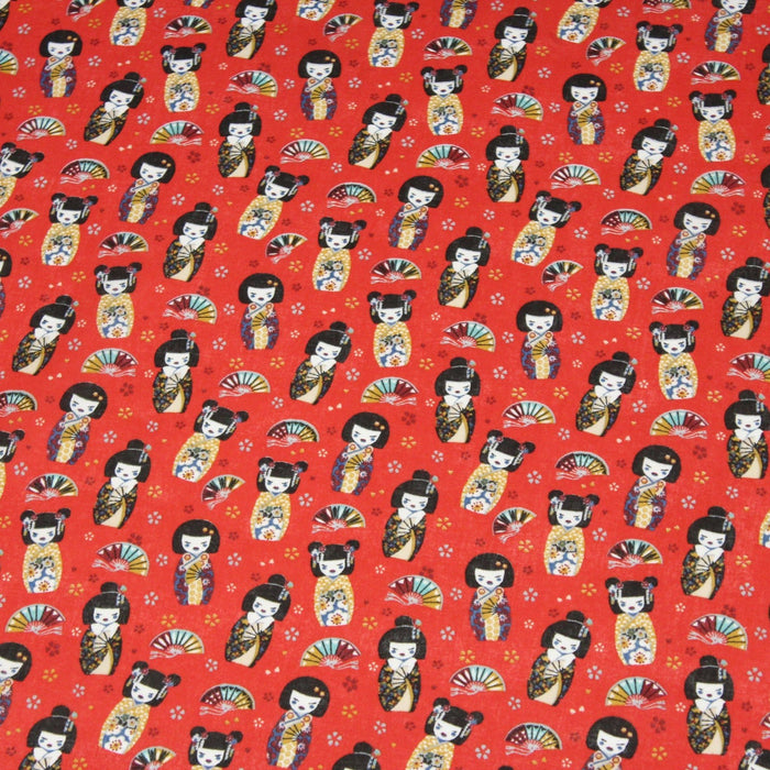 Tissu cotonnade rouge motif traditionnel japonais des geishas, kokeshis & éventails - OEKO - TEX - TissusPapi.com