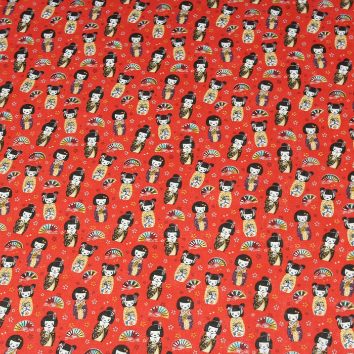 Tissu cotonnade rouge motif traditionnel japonais des geishas, kokeshis & éventails - OEKO - TEX - TissusPapi.com