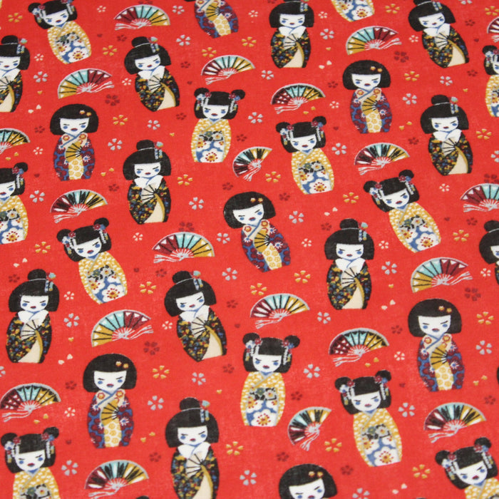 Tissu cotonnade rouge motif traditionnel japonais des geishas, kokeshis & éventails - OEKO - TEX - TissusPapi.com