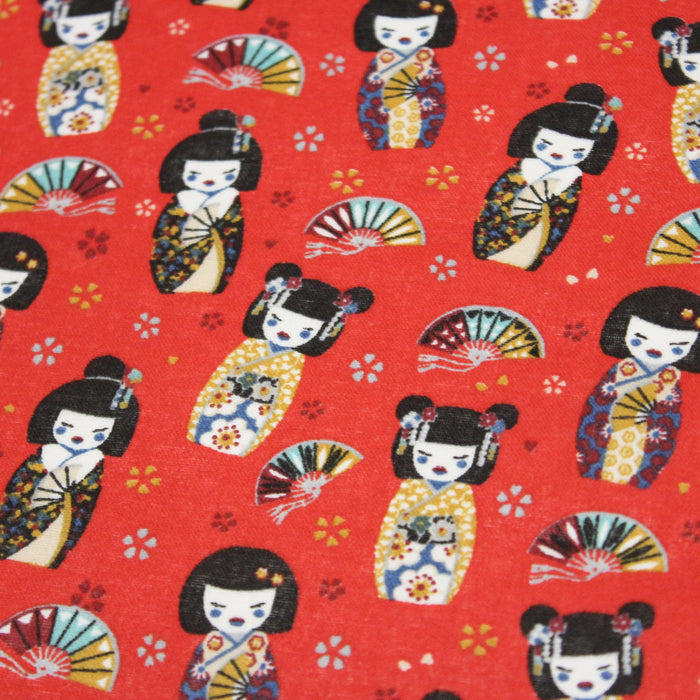 Tissu cotonnade rouge motif traditionnel japonais des geishas, kokeshis & éventails - OEKO - TEX - TissusPapi.com