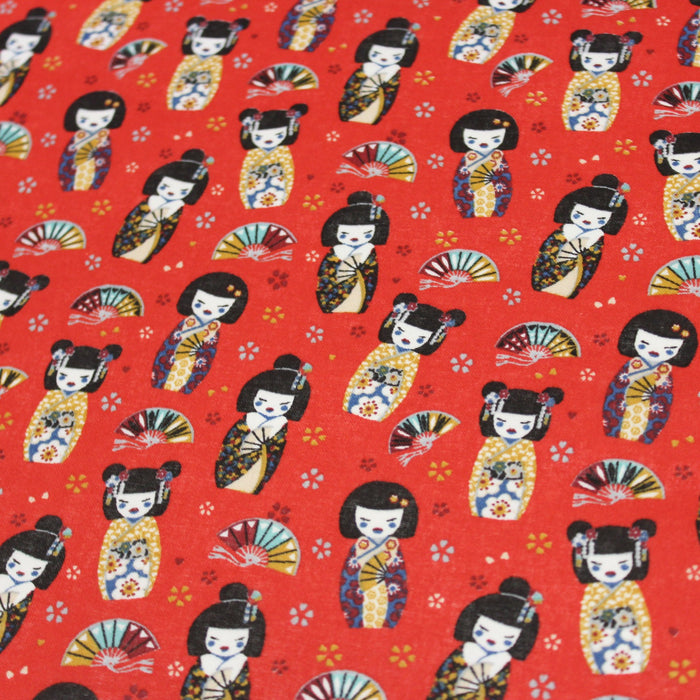 Tissu cotonnade rouge motif traditionnel japonais des geishas, kokeshis & éventails - OEKO - TEX - TissusPapi.com