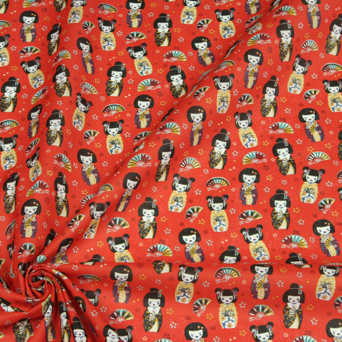 Tissu cotonnade rouge motif traditionnel japonais des geishas, kokeshis & éventails - OEKO - TEX - TissusPapi.com
