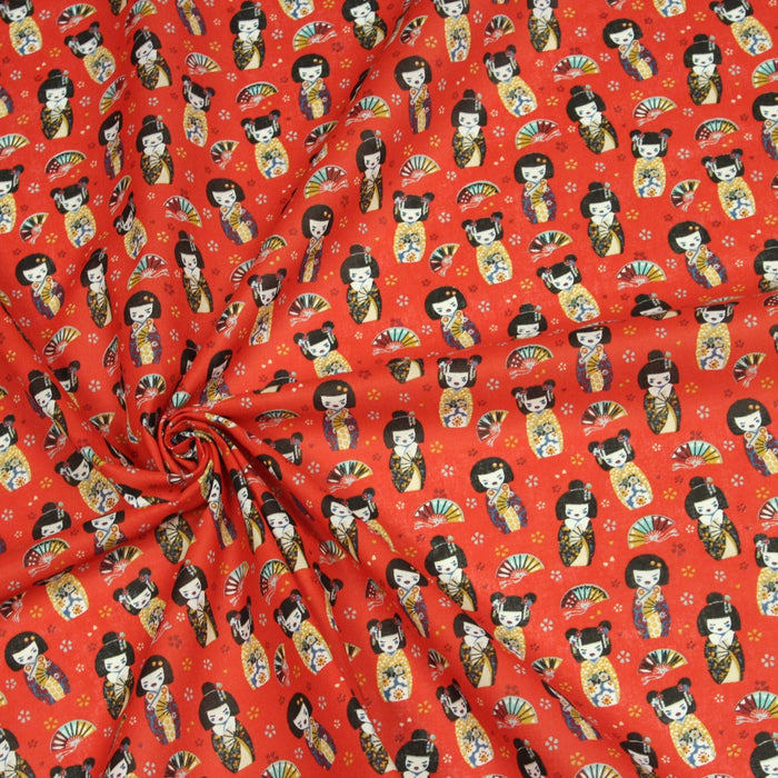 Tissu cotonnade rouge motif traditionnel japonais des geishas, kokeshis & éventails - OEKO - TEX - TissusPapi.com
