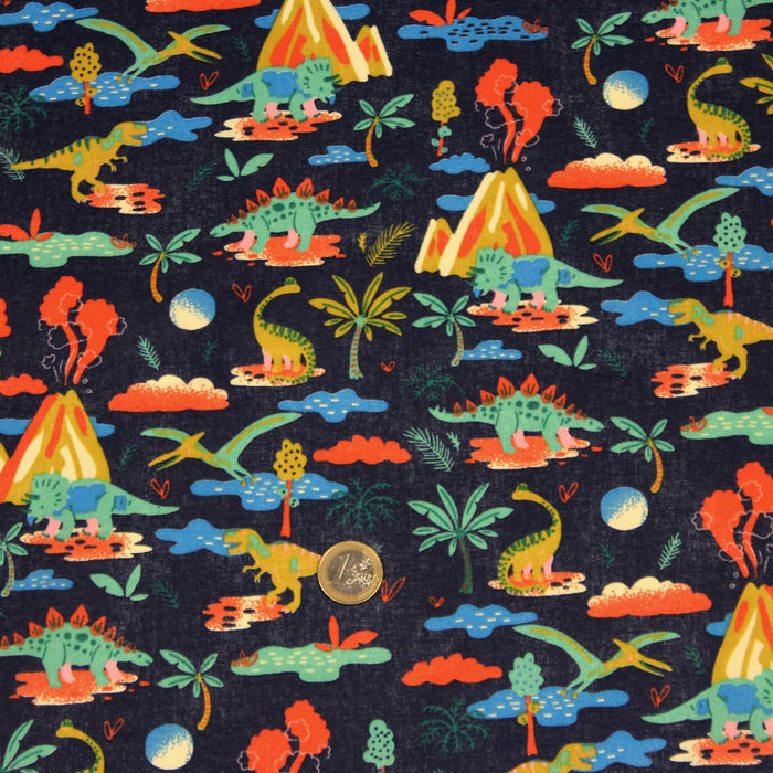 Tissu de coton DIPLO LE DINO, dinosaures & volcans, fond bleu marine - OEKO - TEX® - TissusPapi.com