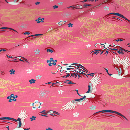 Tissu popeline de coton motif traditionnel japonais TSURU, fond rose - COLLECTION TSURU - OEKO-TEX® tissuspapi