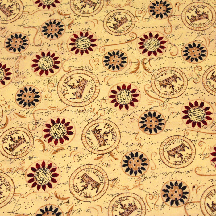 Tissu popeline de coton LE SCEAU DU ROI DE FRANCE, sceaux, couronnes et fleurs, tons jaune blés - TissusPapi.com