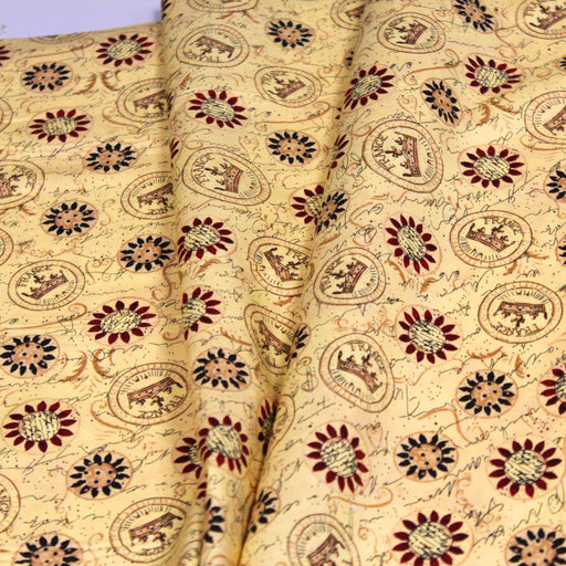 Tissu popeline de coton LE SCEAU DU ROI DE FRANCE, sceaux, couronnes et fleurs, tons jaune blés - TissusPapi.com
