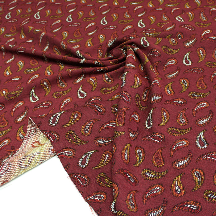 Tissu jacquard bordeaux aux motifs cachemire jaunes et rouges - COLLECTION JACQUARD GEORGES - Fabriqué en France - tissuspapi