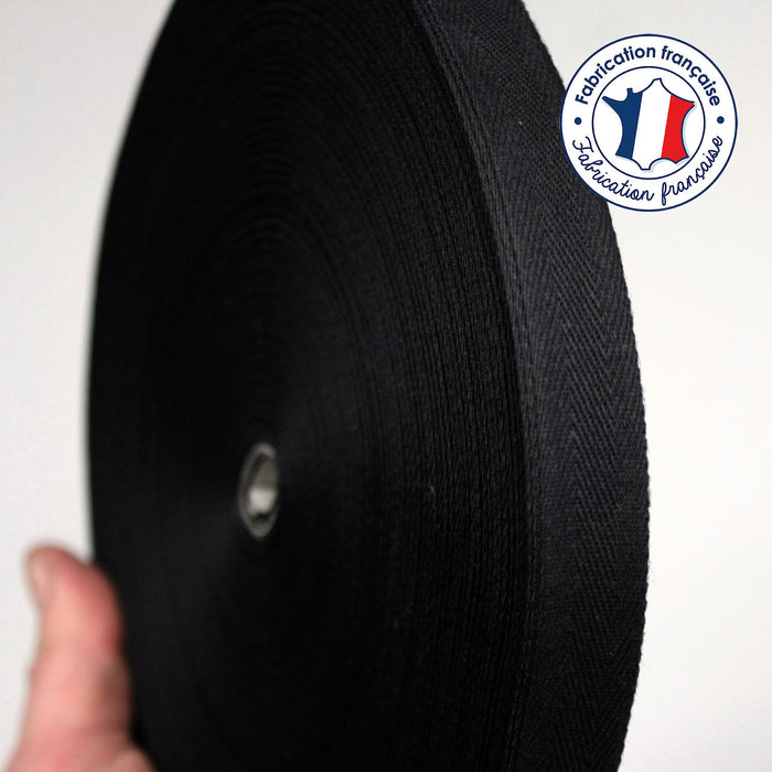 Ruban sergé de coton noir 16mm - Galette de 100 mètres - Fabrication française - tissuspapi