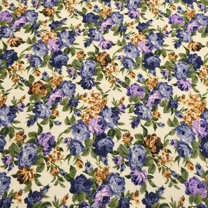 Tissu popeline de coton ELISABETH aux fleurs parme, bleues & ocre, fond écru - tissuspapi
