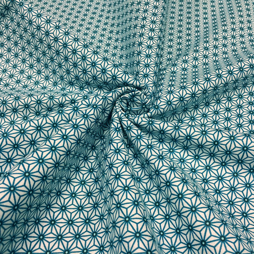 Tissu de coton saki motif traditionnel japonais géométrique ASANOHA blanc & vert canard - Oeko-Tex