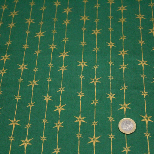 Tissu de coton de Noël aux étoiles & liserés dorés, fond vert