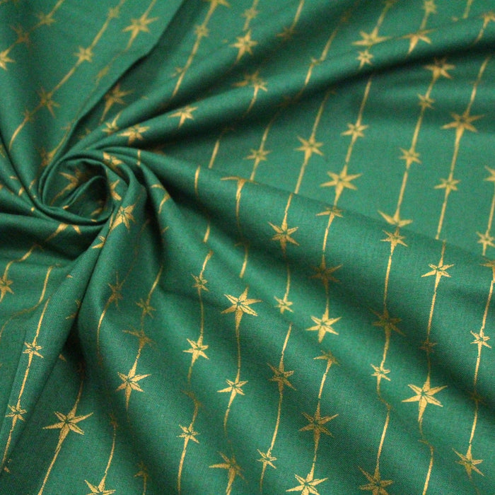 Tissu de coton de Noël aux étoiles & liserés dorés, fond vert - TissusPapi.com