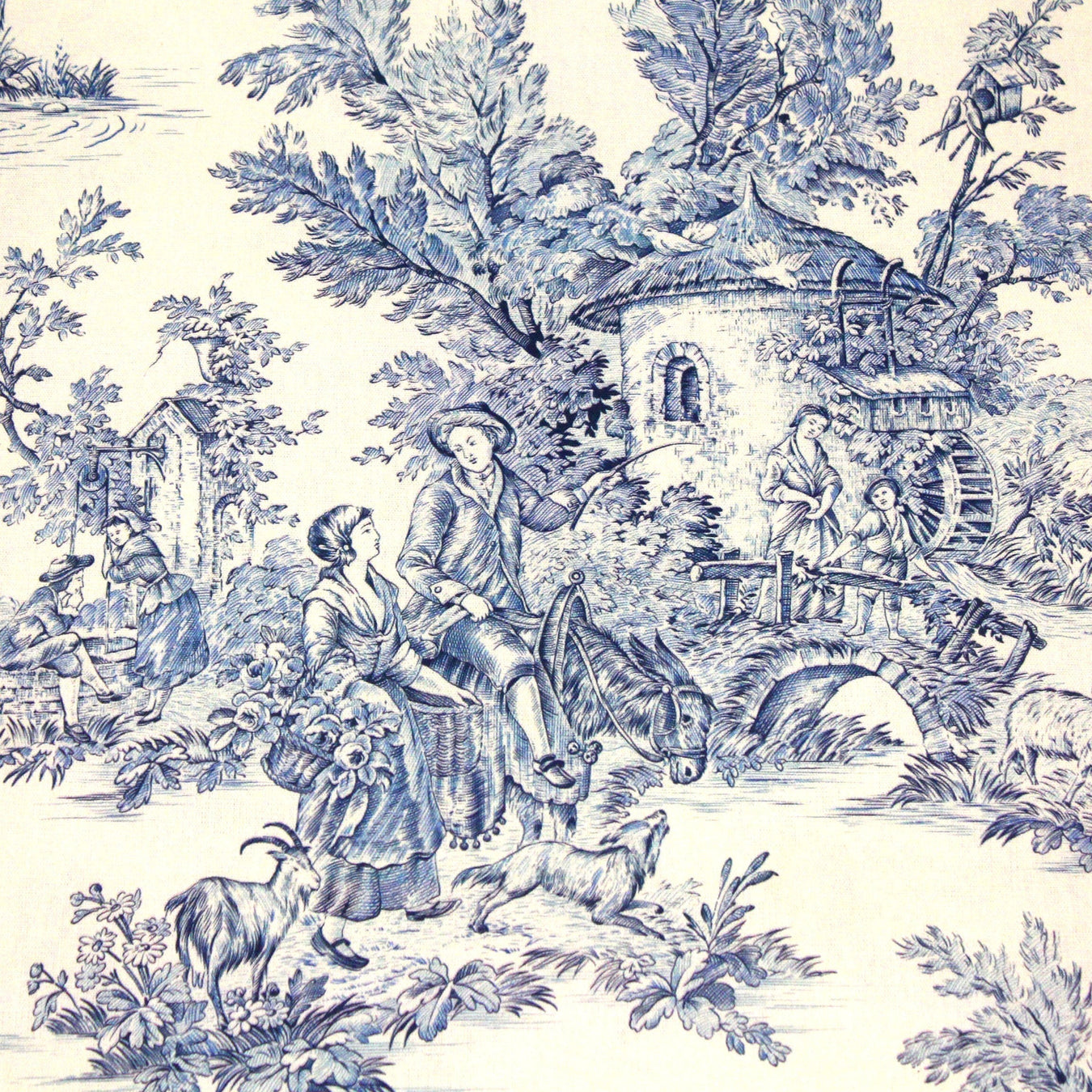 Tissu toile de Jouy bleu motif campagne – TissusPapi.com
