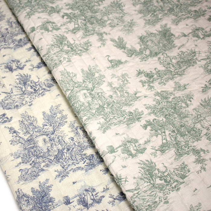 Tissu matelassé TOILE DE JOUY : trois motifs, deux couleurs, cinq tissus !