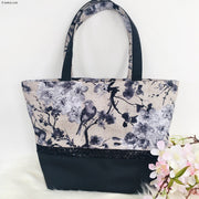 Tissu coton motif jardin japonais GUNMA aux oiseaux et fleurs de cerisier, fond lin - OEKO - TEX - TissusPapi.com