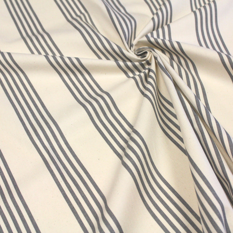 Tissu toile à matelas de coton LE TOUQUET écru aux rayures : bleu, rouge, noir, gris, sable - TissusPapi.com