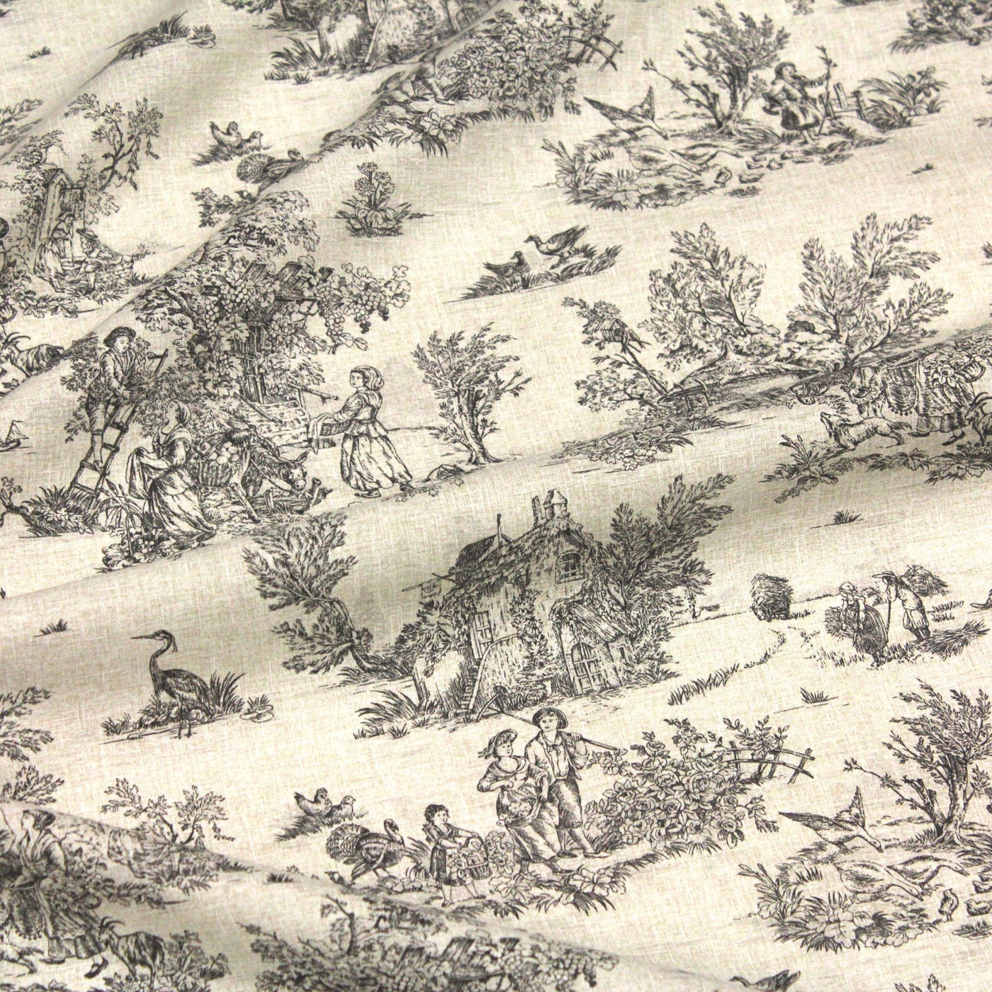 Coupon De Tissu Coton Style Jouy - Motif Fleurs Grises Sur Fond Beige - Idéal Patchwork, Couture, Déco