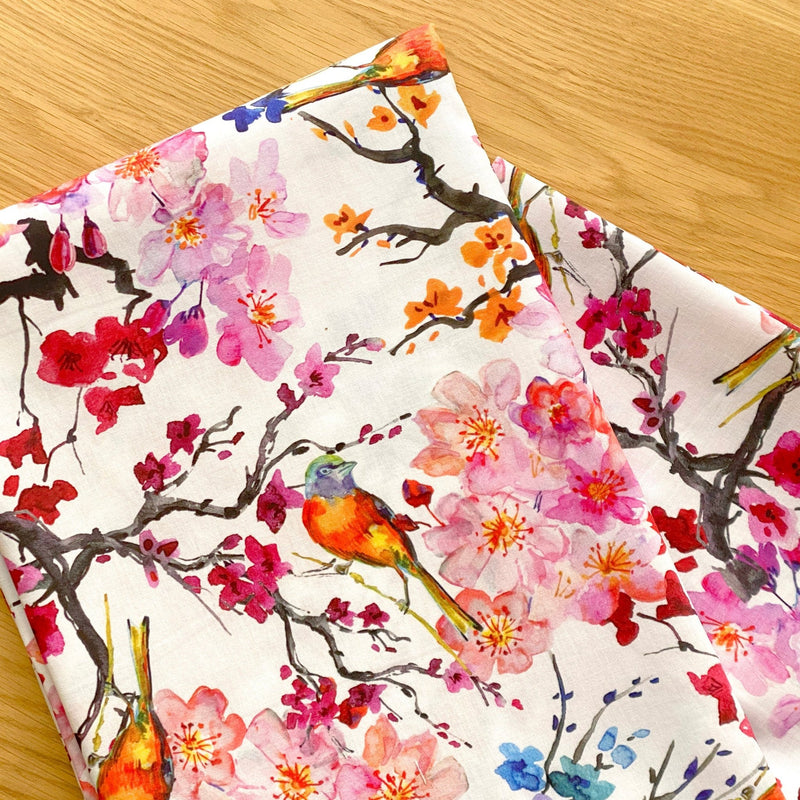 Tissu coton motif jardin japonais GUNMA aux oiseaux et fleurs de cerisier - OEKO - TEX - TissusPapi.com