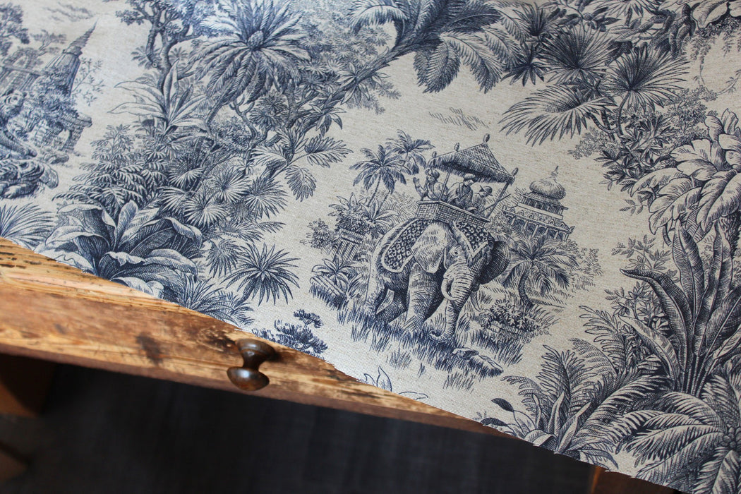 Tissu lin coton Toile de Jouy bleue illustration indienne, maharaja, tigres et éléphants