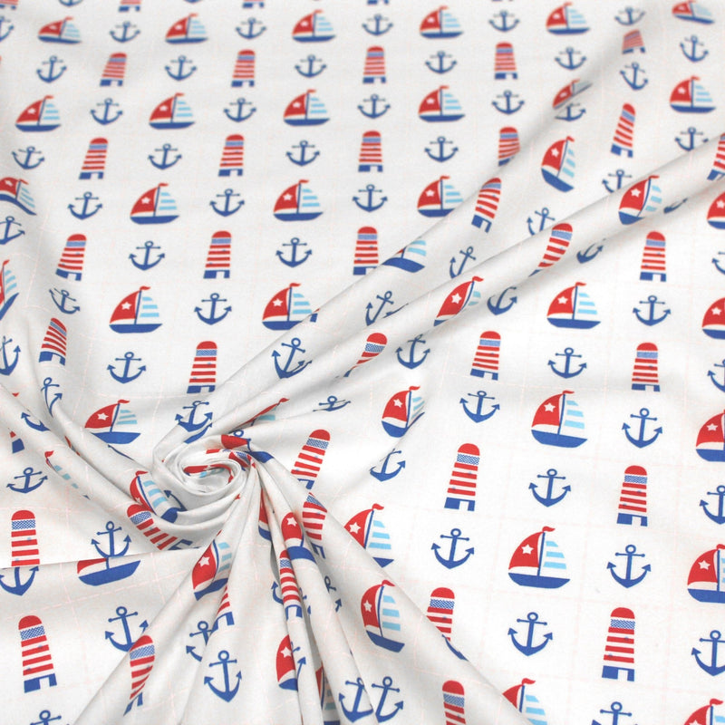 Tissu popeline de coton aux phares, bateaux et ancres de marine, fond blanc - TissusPapi.com