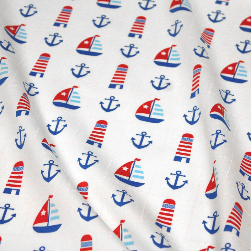 Tissu popeline de coton aux phares, bateaux et ancres de marine, fond blanc - TissusPapi.com