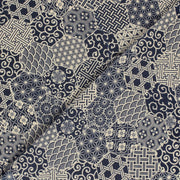 Tissu coton fin, Motifs japonais Asanoha, Seigaiha et Kikkō écru & indigo - STANDARD 100 OEKO - TEX - TissusPapi.com