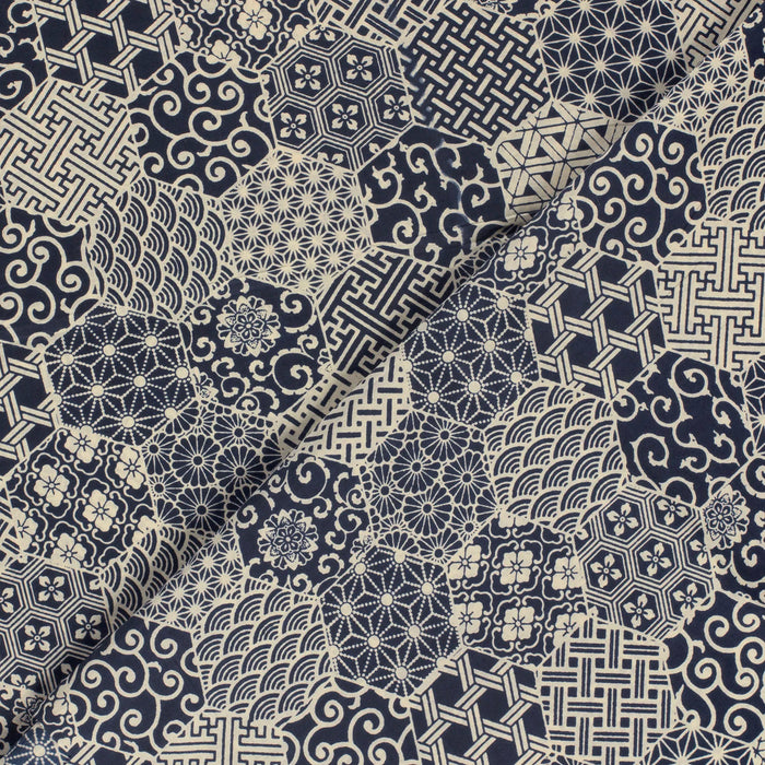 Tissu coton fin, Motifs japonais Asanoha, Seigaiha et Kikkō écru & indigo - STANDARD 100 OEKO-TEX