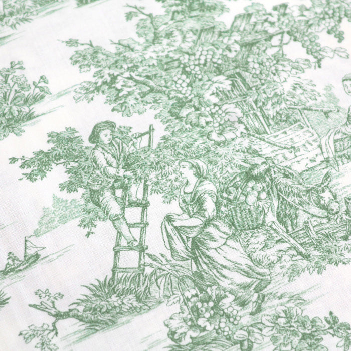 Tissu de coton toile de Jouy traditionnelle, grande largeur 280cm, fond écru & motif vert - Oeko-Tex