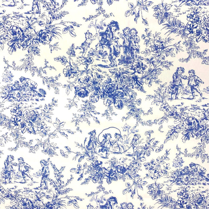 Tissu toile de Jouy 100% coton LES BAMBINS, grande largeur 280cm, fond écru & motif bleu